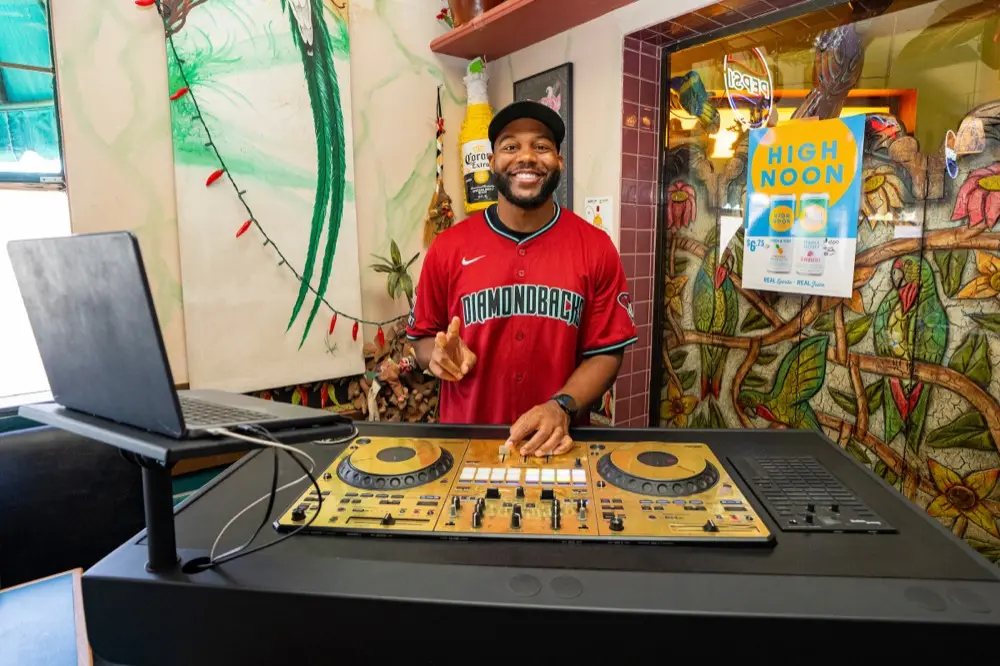 DJ Take2 spinning in Diamondbacks jersey