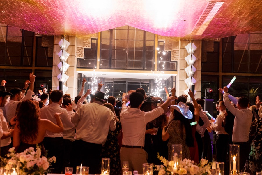 Wedding reception under the gold ceiling at Arizona Biltmore in Phoenix with cold sparks and DJ Take2