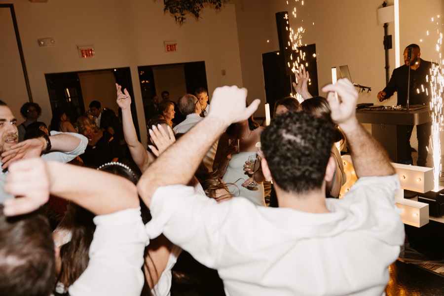 Wedding reception dance floor with cold spark fountains at Royal Palms Resort and Spa in Phoenix with DJ Take2
